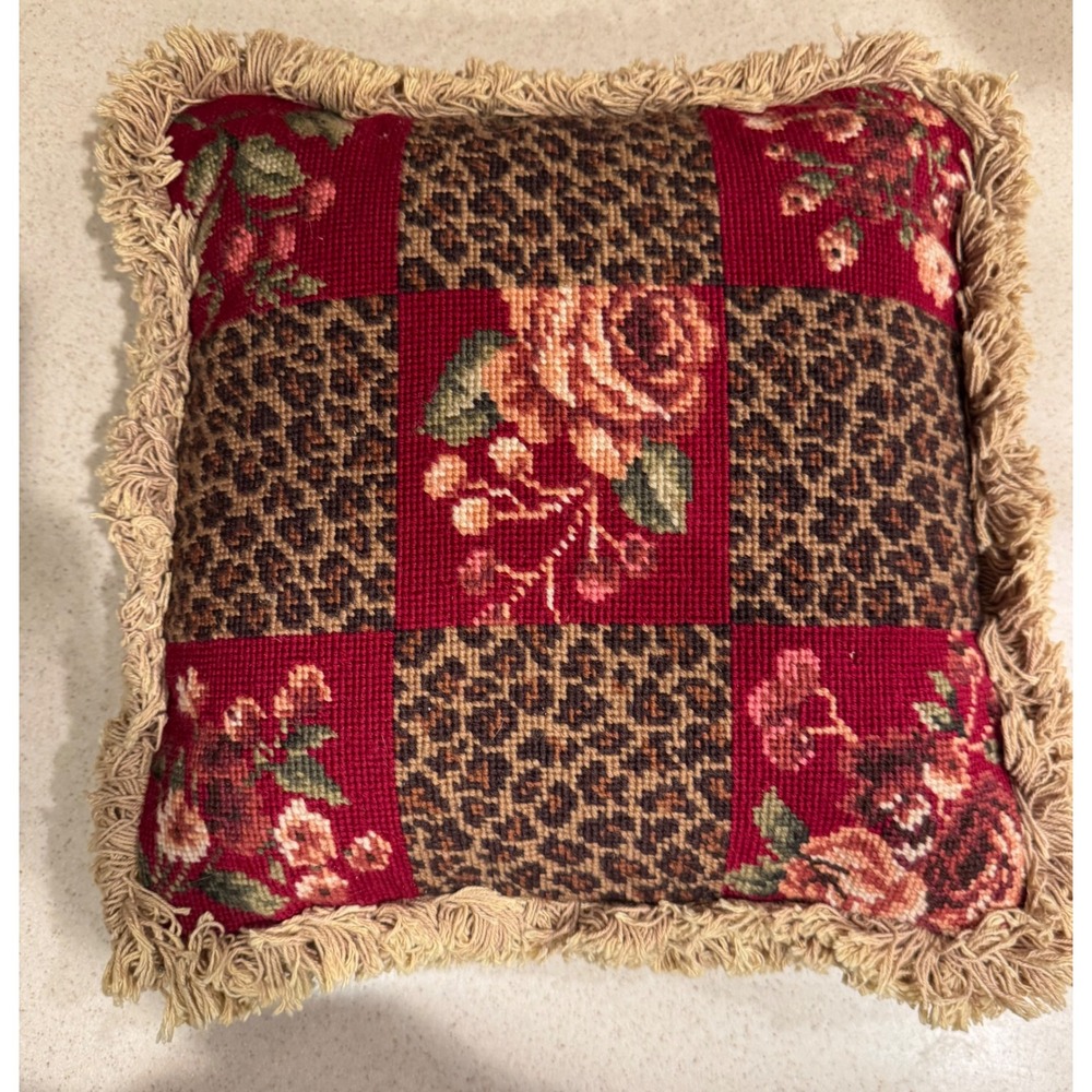C&F Home Savannah Check Needlepoint Decoration Throw Pillow Leopard Rose